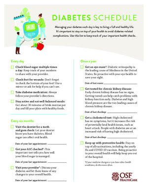 An OSF Healthcare infographic titled 'Diabetes Schedule' listing daily tasks (blood sugar/foot checks), six-month tasks (A1C/dental), and annual tasks (eye/kidney/cholesterol exams) for managing diabetes.