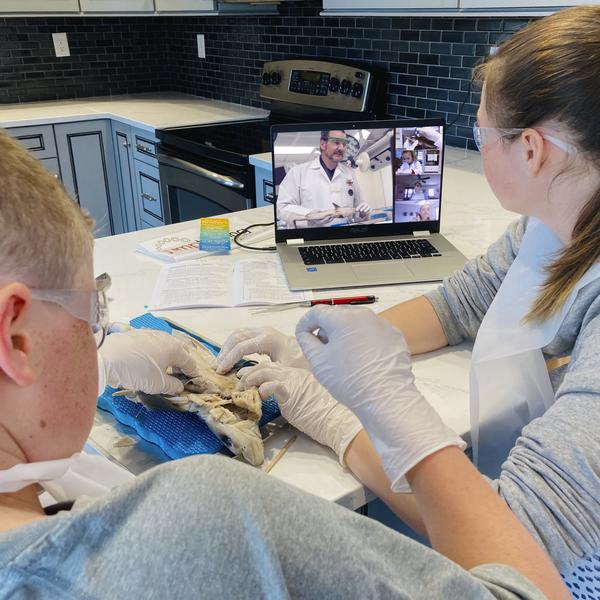 Students work on home lab experiment with laptop and instruments