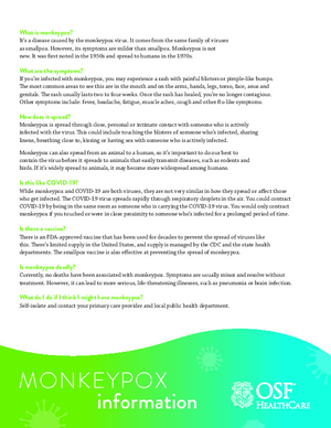Informational flyer from OSF HealthCare about Monkeypox (Mpox), detailing symptoms such as rashes and blisters, how it spreads through close contact, and available vaccines.