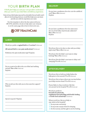 Birth plan template from OSF HealthCare featuring sections for Labor, Delivery, and After Delivery preferences, including checkboxes and fill-in-the-blank options for pain management, support persons, and newborn care.