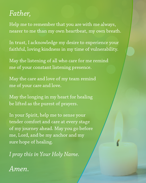 A prayer for healing and comfort featuring white text on a soft green background with subtle bokeh light effects. The prayer begins with 'Father, Help me to remember that you are with me always.'