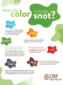 Infographic from OSF HealthCare explaining snot colors: clear (healthy/allergies), yellow (fighting infection), green (serious infection/overtime), red (dry/injured nasal passages), brown (dirt/smoke), and black (smoke/fungal infection)
