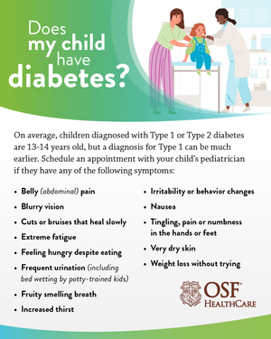 Infographic by OSF HealthCare titled 'Does my child have diabetes?' listing common symptoms such as frequent urination, extreme fatigue, and unexplained weight loss, alongside an illustration of a child at a doctor's office.