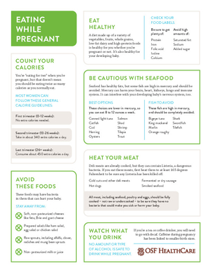 An infographic titled 'Eating While Pregnant' by OSF Healthcare, providing nutritional guidelines, calorie recommendations by trimester, foods to avoid (like unpasteurized cheese and raw sprouts), and safety tips for seafood, meat, and beverages.
